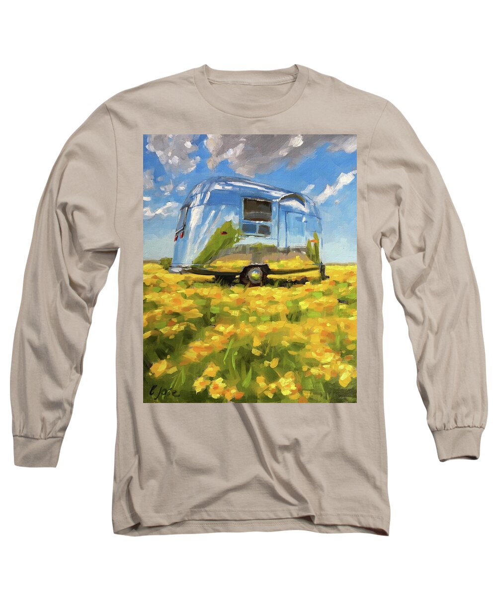 Airstream Long Sleeve T-Shirt featuring the painting Shiny in a Field of Buttercups by Elizabeth Jose
