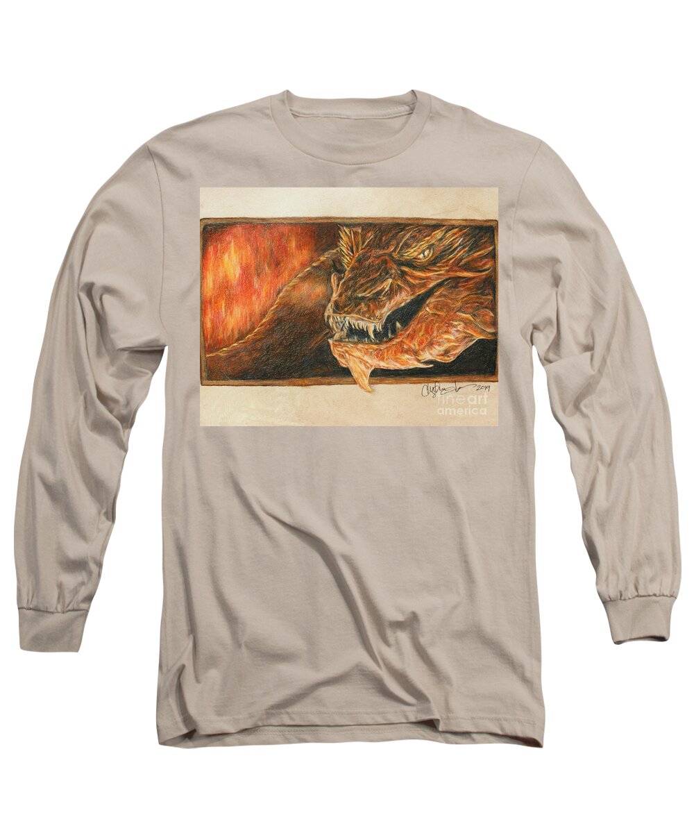 Dragon Long Sleeve T-Shirt featuring the drawing Smaug the Dragon by Christine Jepsen