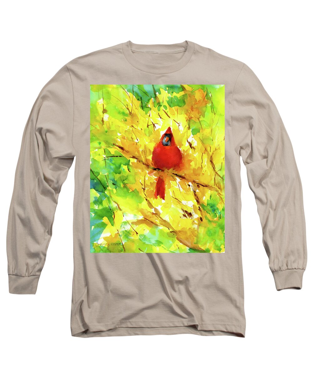 Cardinal Long Sleeve T-Shirt featuring the painting Spring Hideout by Christy Lemp