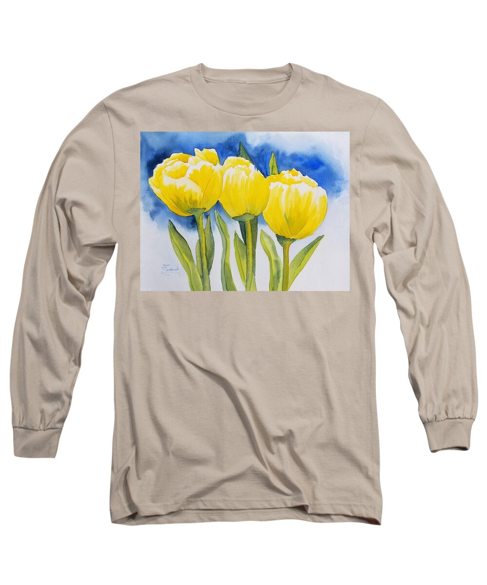 Yellow Tulips Long Sleeve T-Shirt featuring the painting Spring Tulips by Ann Frederick