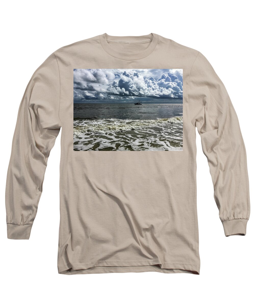 Ocean Long Sleeve T-Shirt featuring the photograph Stormy Boat by David Beechum