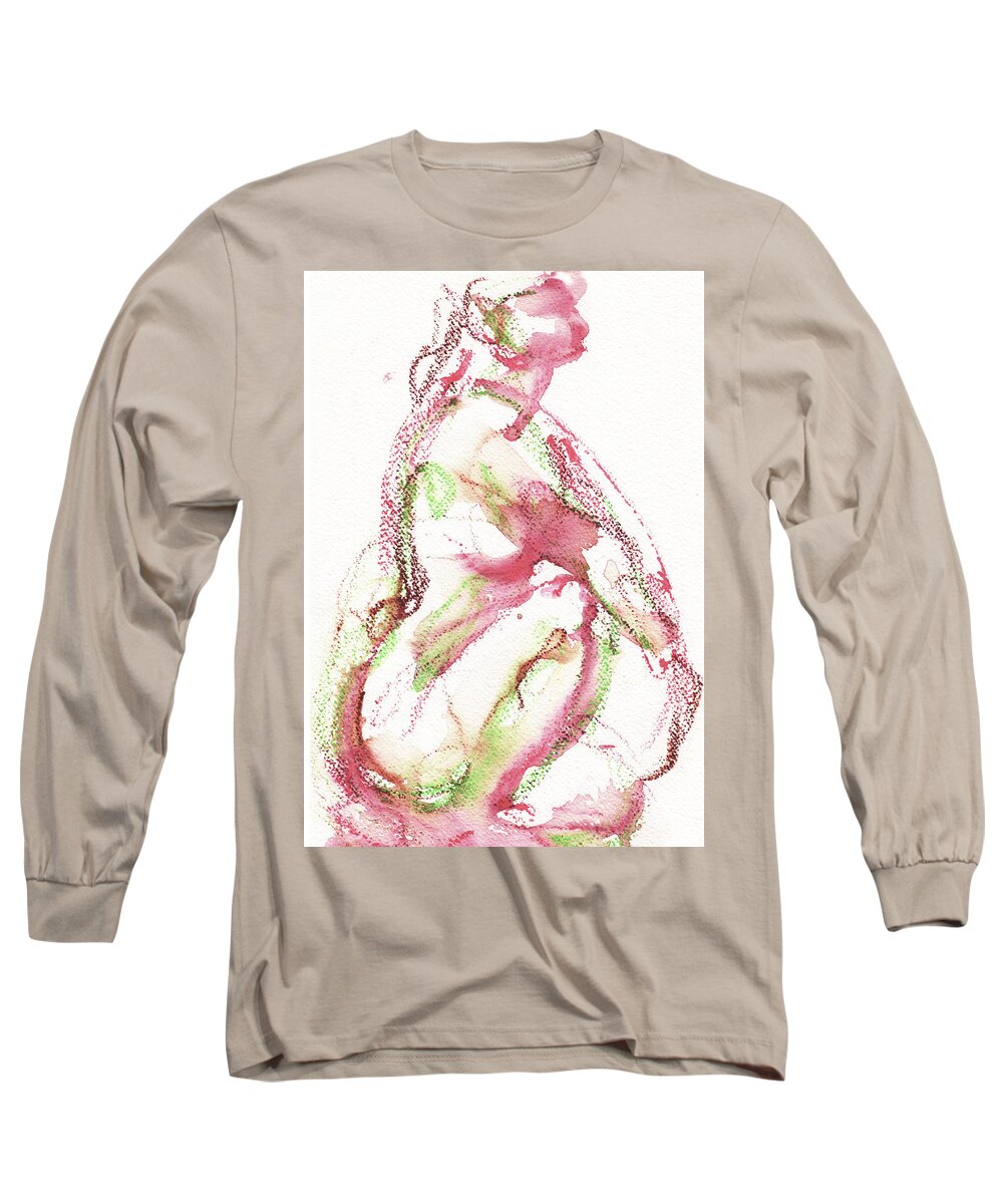 Abstract Nude Watercolour Long Sleeve T-Shirt featuring the painting Studio Nude IV Soft by Roxanne Dyer