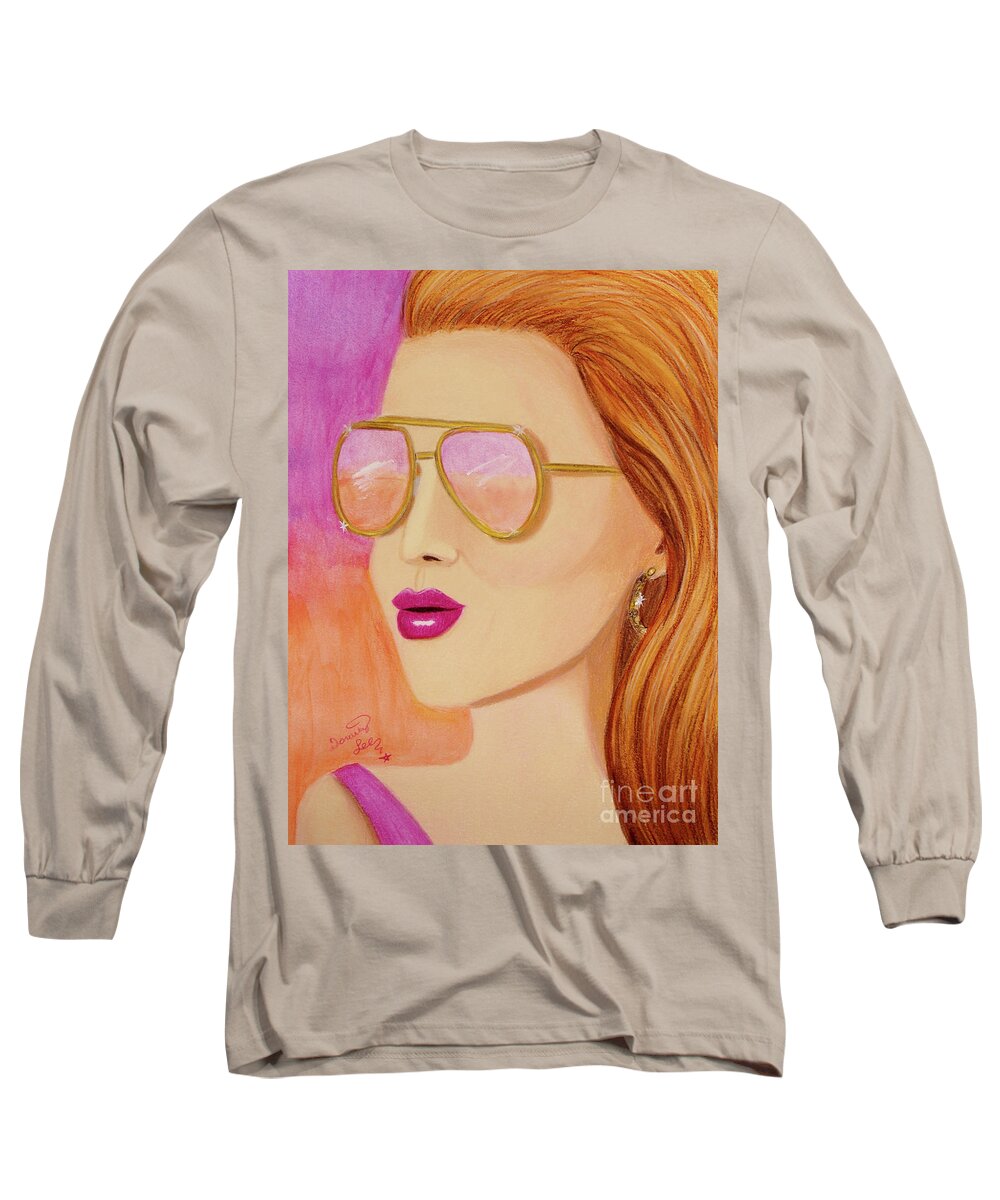 Fine Art Long Sleeve T-Shirt featuring the painting Summer Sunset In Reflective Sunglassess by Dorothy Lee