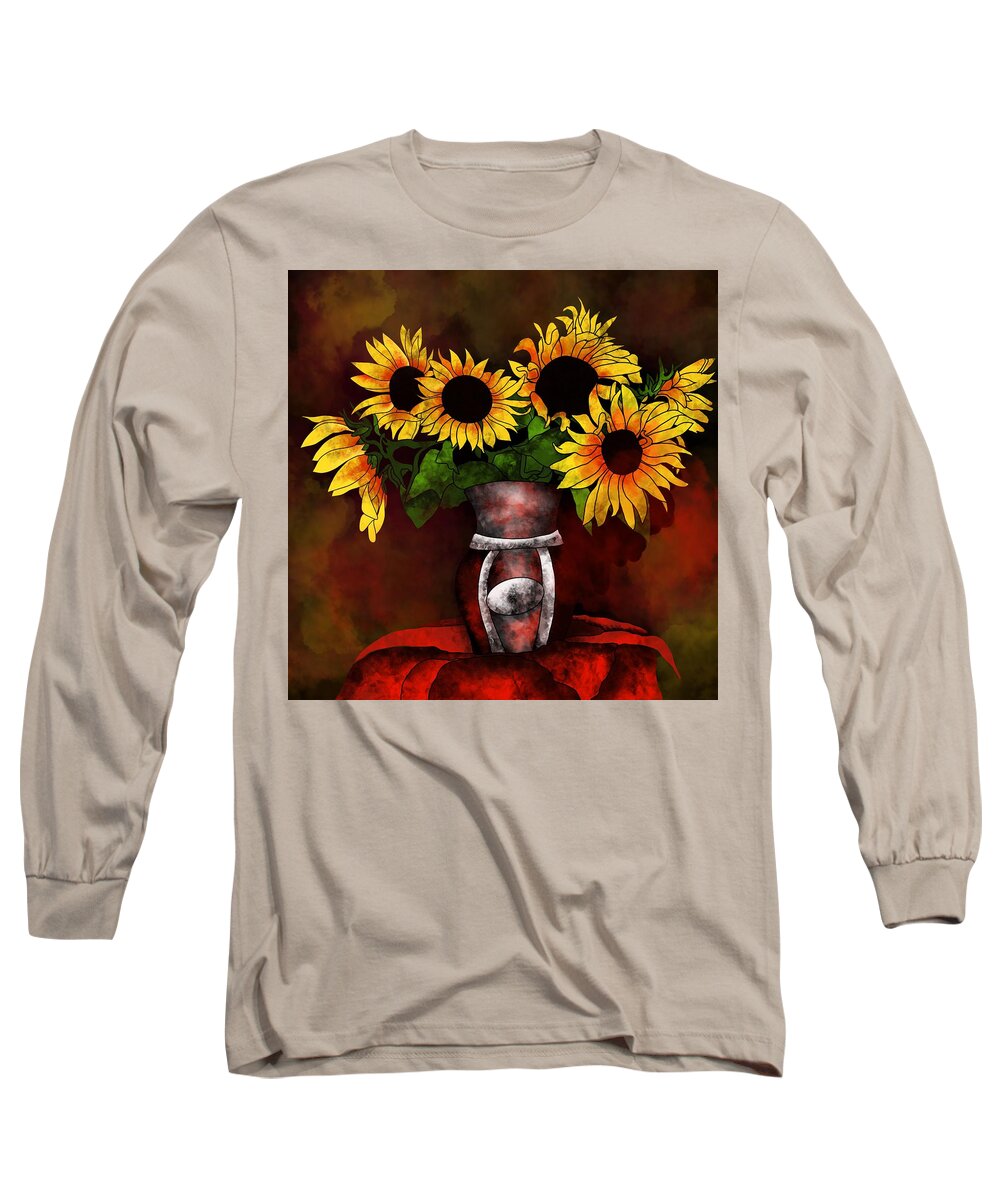 Sunflower Long Sleeve T-Shirt featuring the photograph Sunflowers in a vase on dark background by Patricia Piotrak