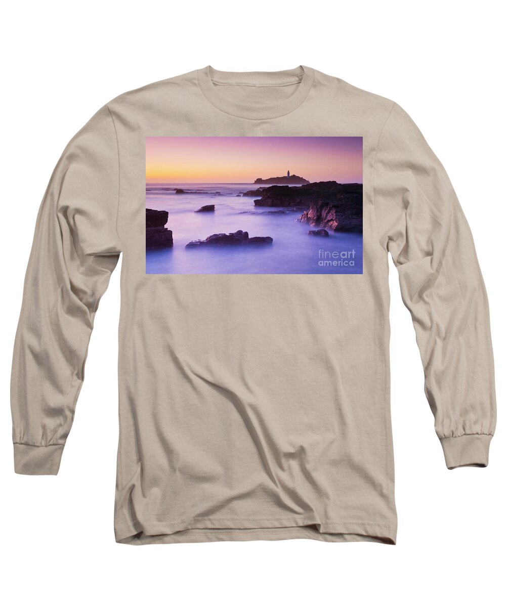 Godrevy Lighthouse Cornwall Long Sleeve T-Shirt featuring the photograph Sunset at Godrevy lighthouse, Cornwall, England by Neale And Judith Clark