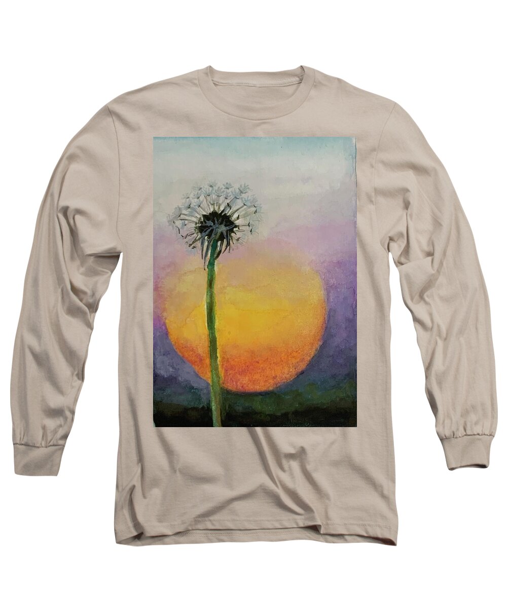 Military Brat Long Sleeve T-Shirt featuring the painting Sunset Dandelion by Tracy Hutchinson