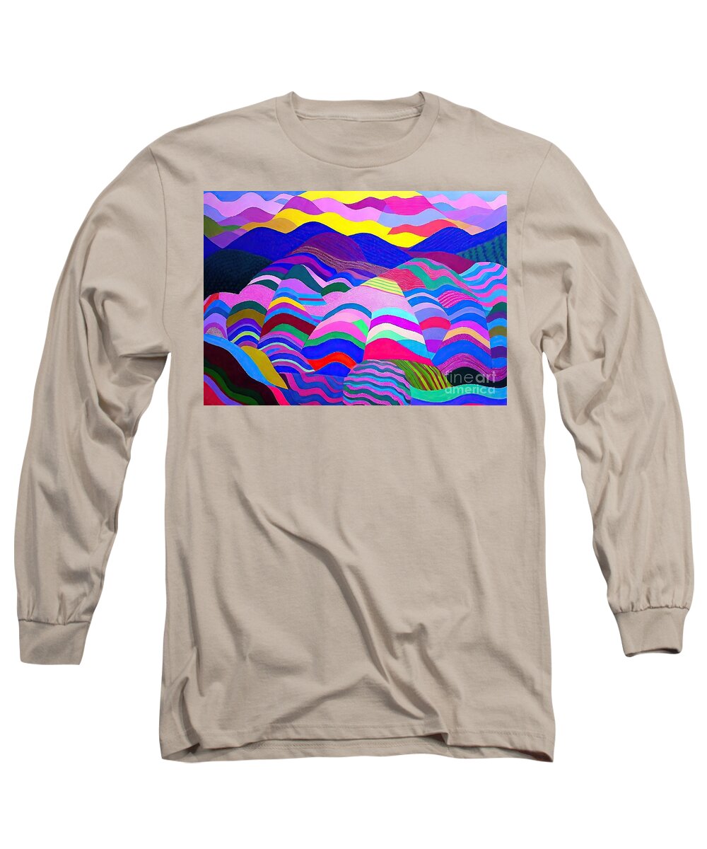 Abstract Landscape Long Sleeve T-Shirt featuring the painting SUNSET OVER ROLLING HILLS PATCHWORK FIELDS Painting abstract landscape stylized landscape patterns in landscape patchwork fields sunset over lake shapes and patterns 3d abstract alien alien planet by N Akkash