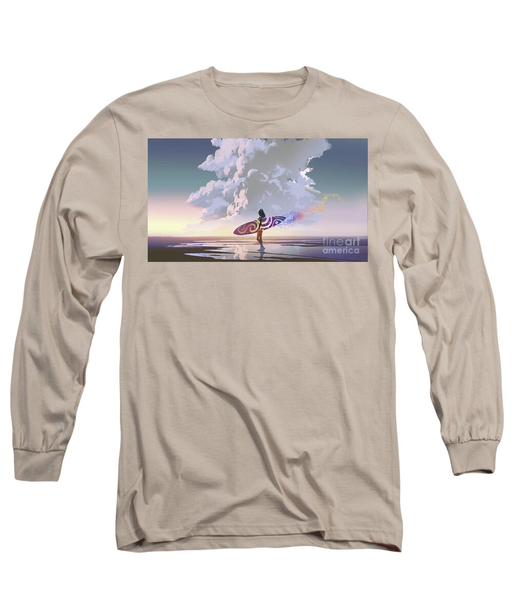 Illustration Long Sleeve T-Shirt featuring the painting Surfer girl with magic surfboard by Tithi Luadthong