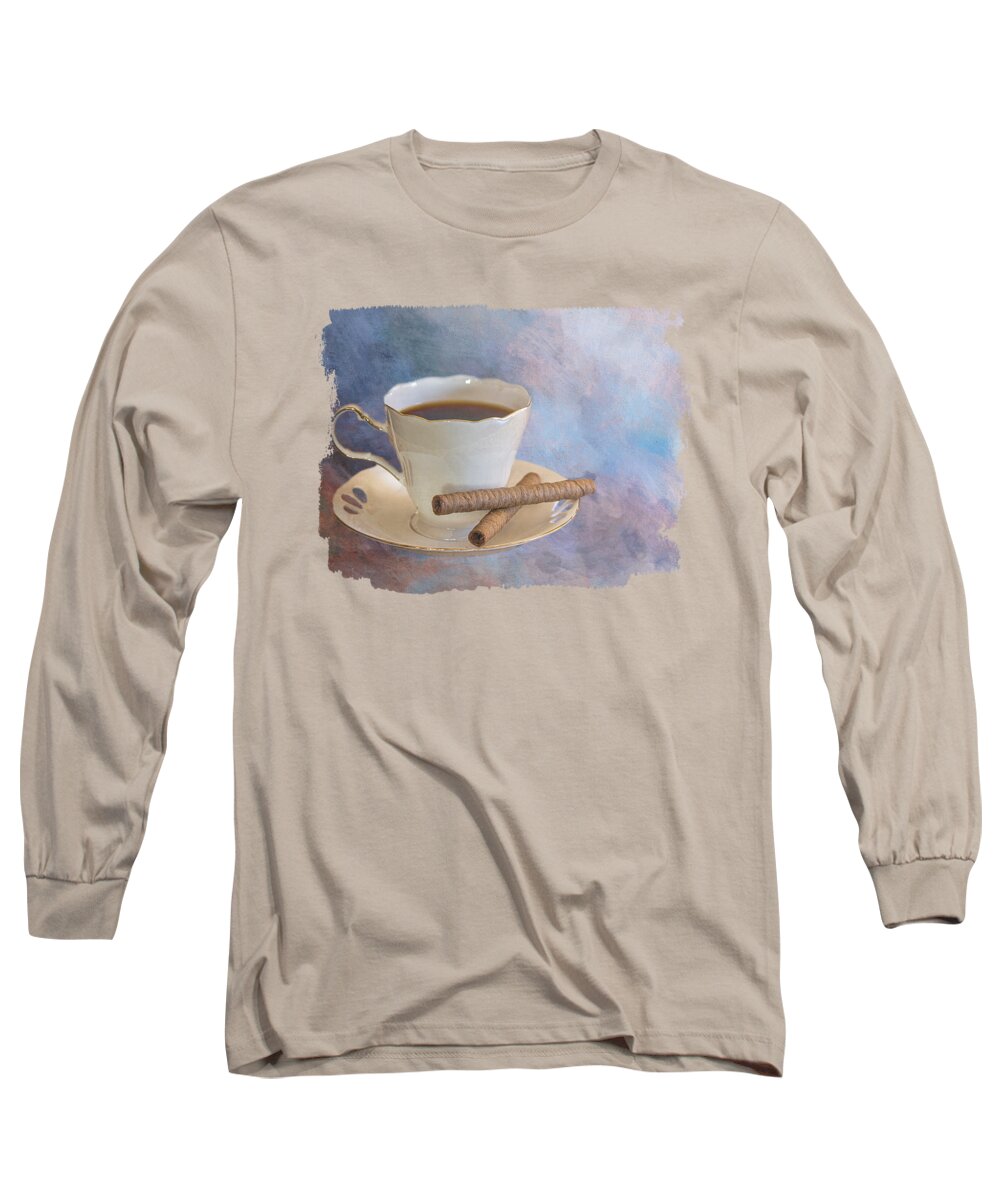 Chocolate Wafers Long Sleeve T-Shirt featuring the mixed media Sweet Chocolate Wafers and Coffee by Elisabeth Lucas