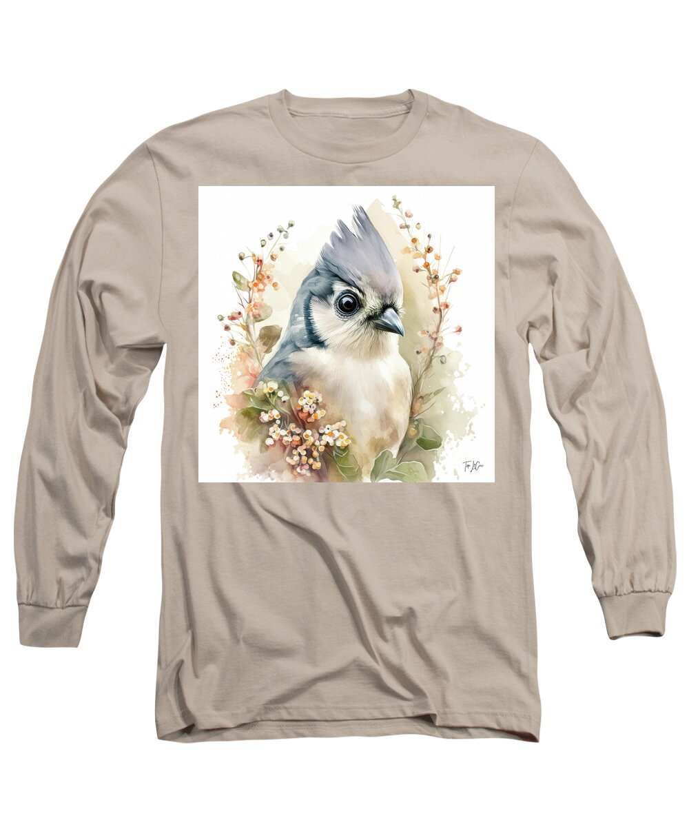 Tufted Titmouse Long Sleeve T-Shirt featuring the painting Sweet Tufted Titmouse by Tina LeCour