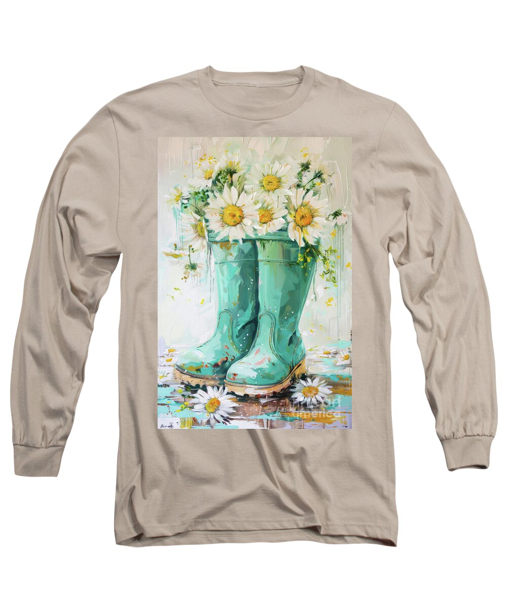 Daisies Long Sleeve T-Shirt featuring the painting Teal Rain Boots by Tina LeCour