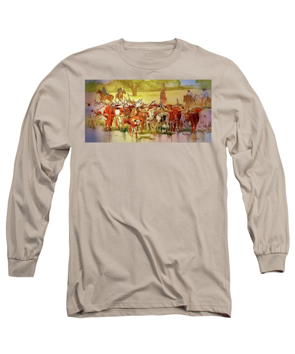 Longhorns Long Sleeve T-Shirt featuring the painting Texas Cattle Drive by Daniel Adams