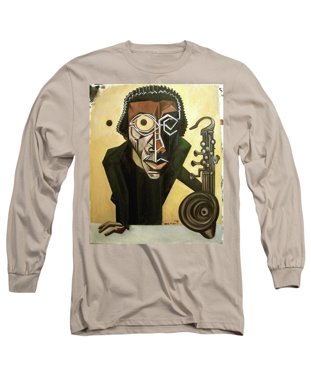 Jazz Long Sleeve T-Shirt featuring the painting The Ethnomusicologist / Marion Brown by Martel Chapman