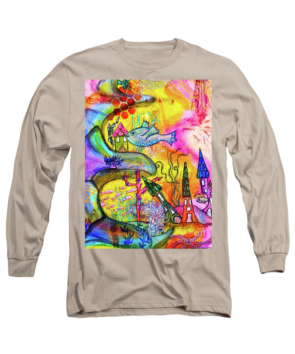 Fish Long Sleeve T-Shirt featuring the mixed media The Happy Village by Mimulux Patricia No