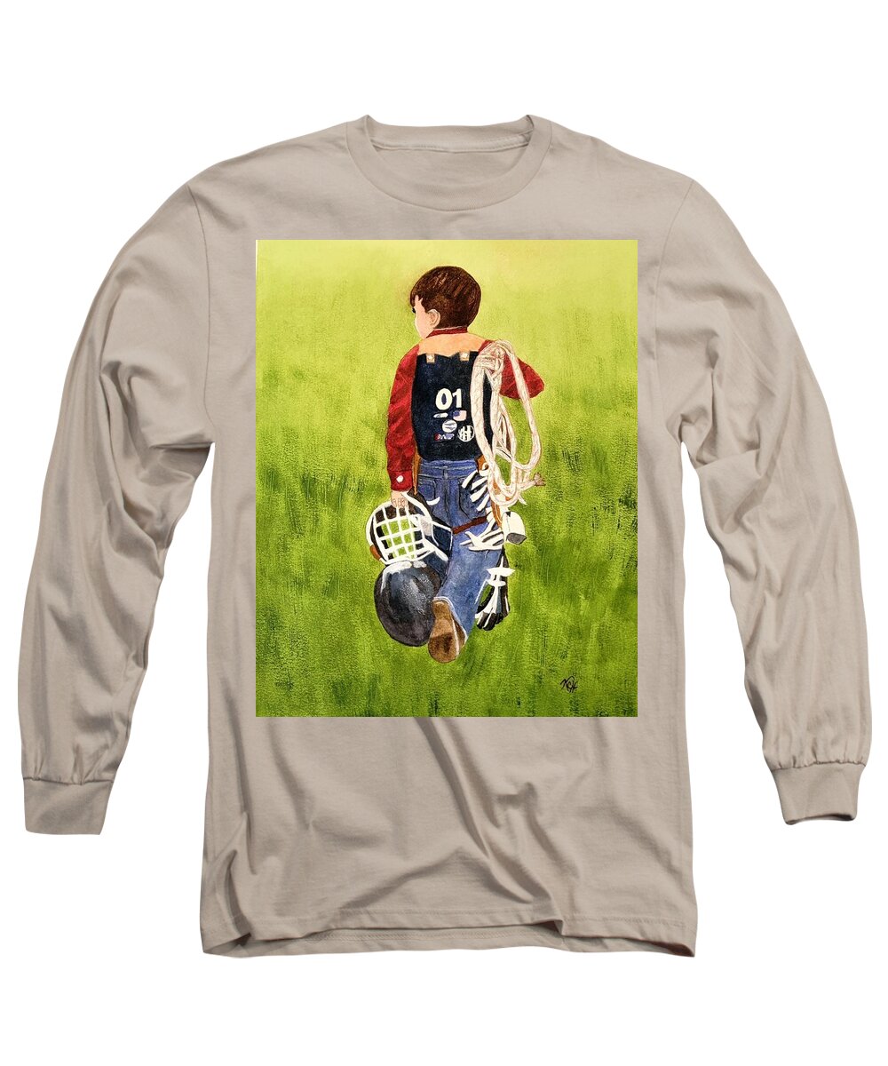 Cowboy Long Sleeve T-Shirt featuring the painting The Little Cowboy by Shady Lane Studios-Karen Howard