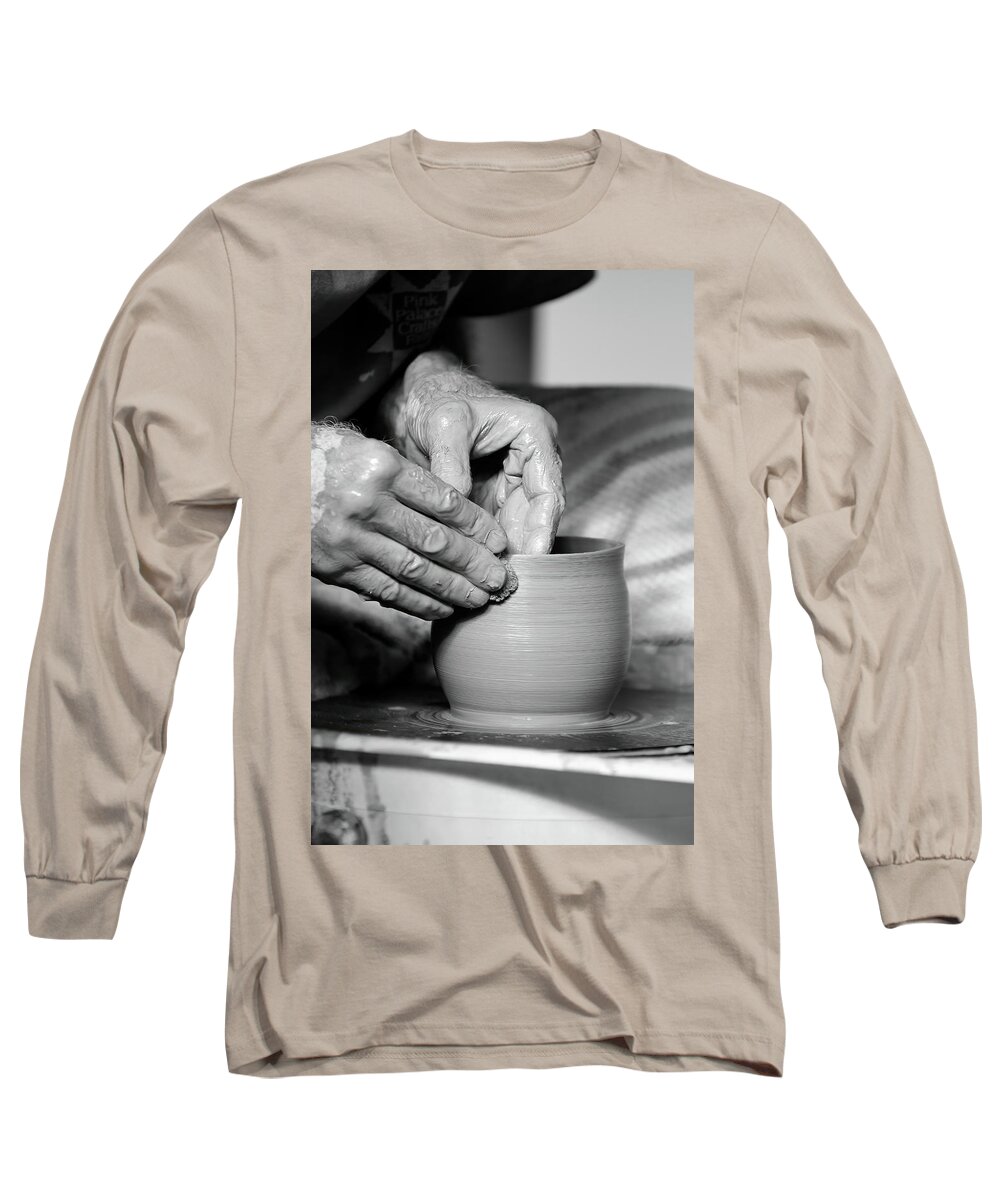 Ceramic Long Sleeve T-Shirt featuring the photograph The Potter's Hands bw by Lens Art Photography By Larry Trager