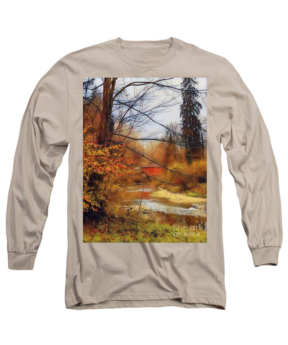 Bridge Long Sleeve T-Shirt featuring the photograph The Red Wooden Bridge During Autumn by Claudia Zahnd-Prezioso