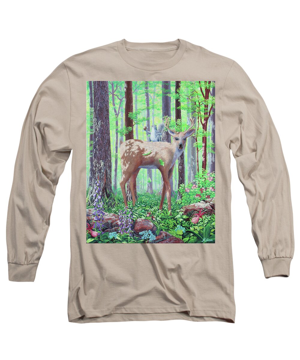 Deer Long Sleeve T-Shirt featuring the painting Touchdown by Michael Goguen