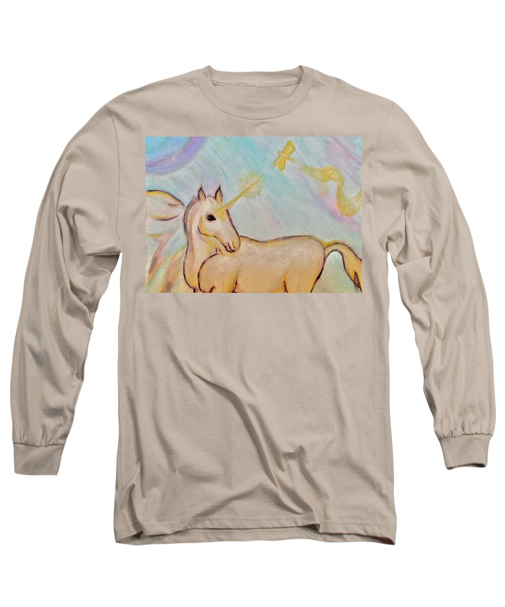 Watercolor Long Sleeve T-Shirt featuring the painting Unicorn Light and DragonFly by Sandy Rakowitz