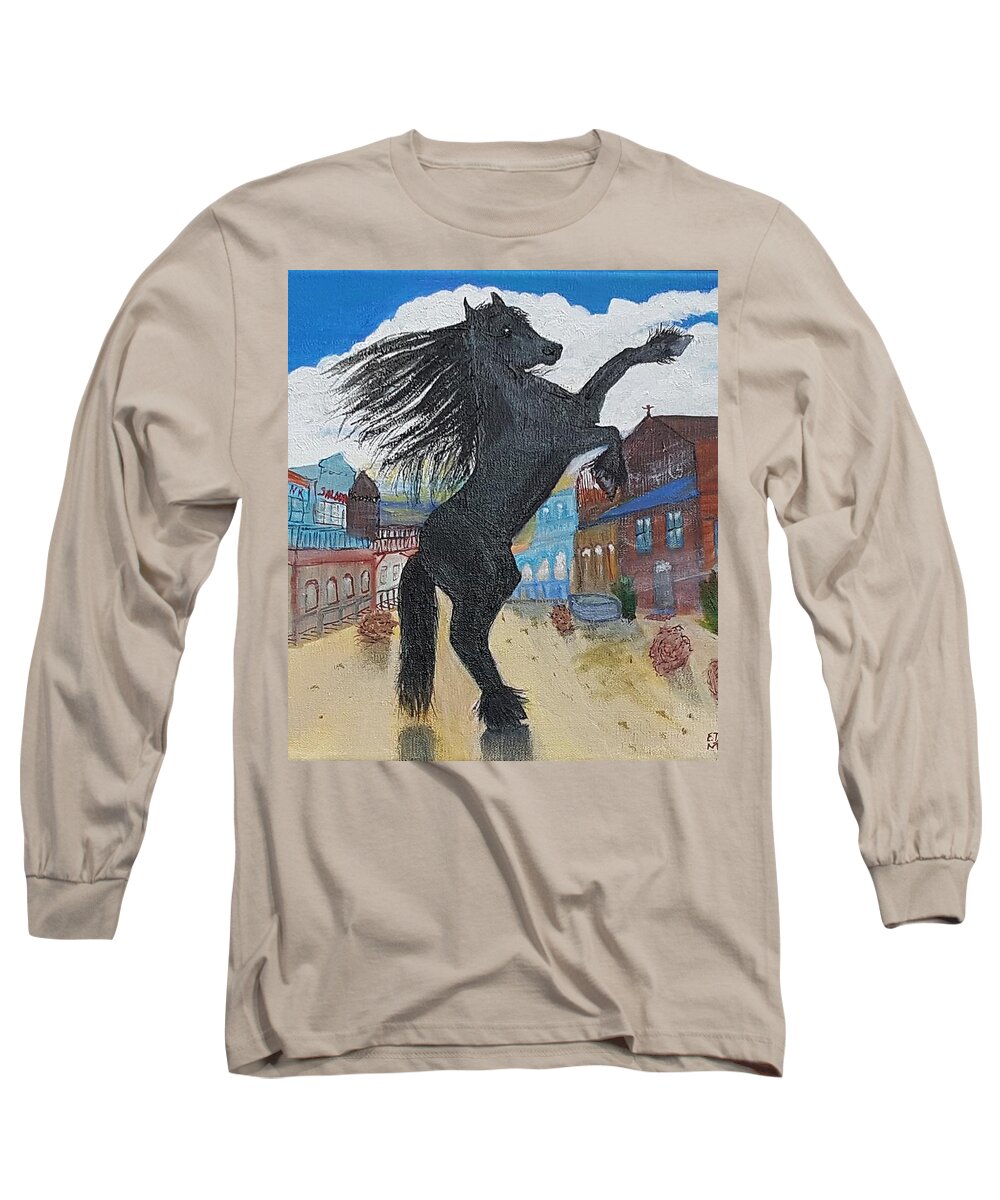 Black Stallion Long Sleeve T-Shirt featuring the painting Untamed Spirit Exiting Ghost Town by Elizabeth Mauldin