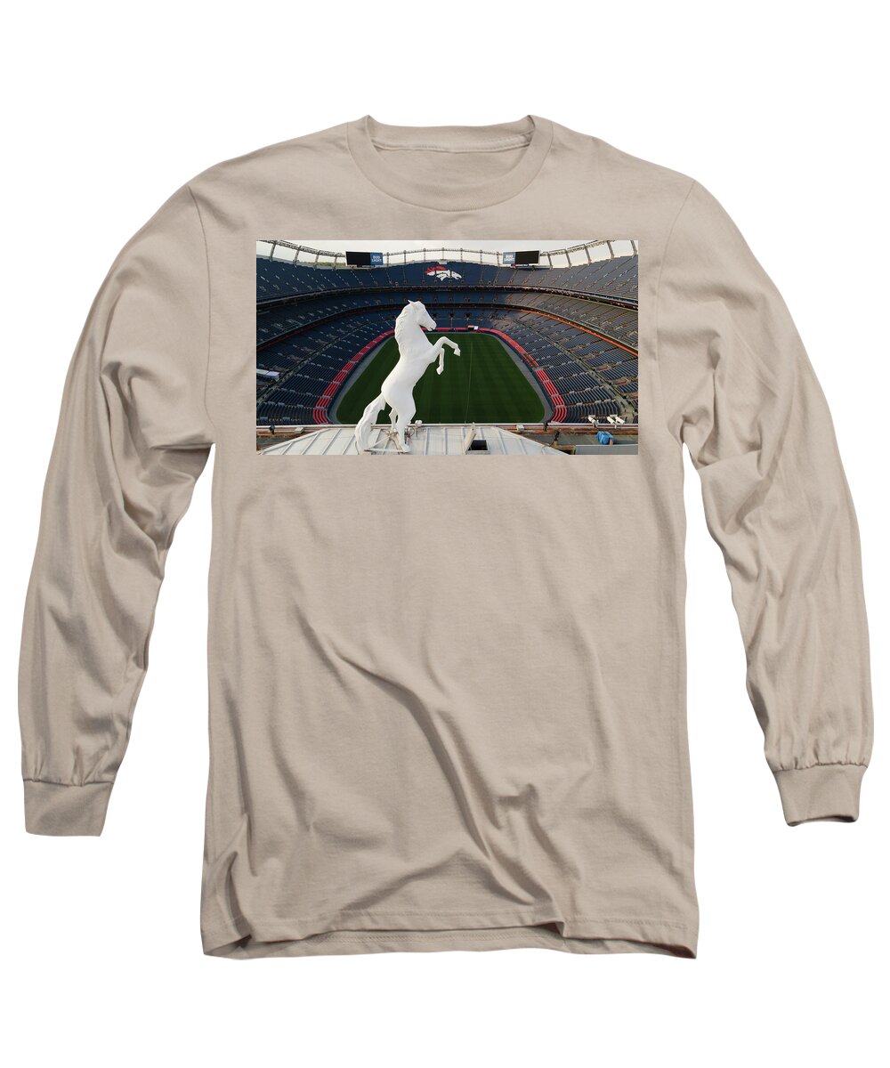 Denver Colorado Long Sleeve T-Shirt featuring the photograph View of Denver Bronco overlooking Mile High Stadium by Eldon McGraw