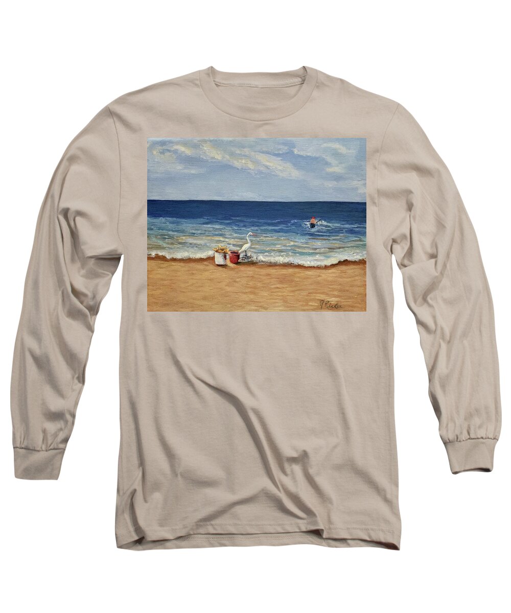 Wading Long Sleeve T-Shirt featuring the painting Wading For A Catch by Jane Ricker