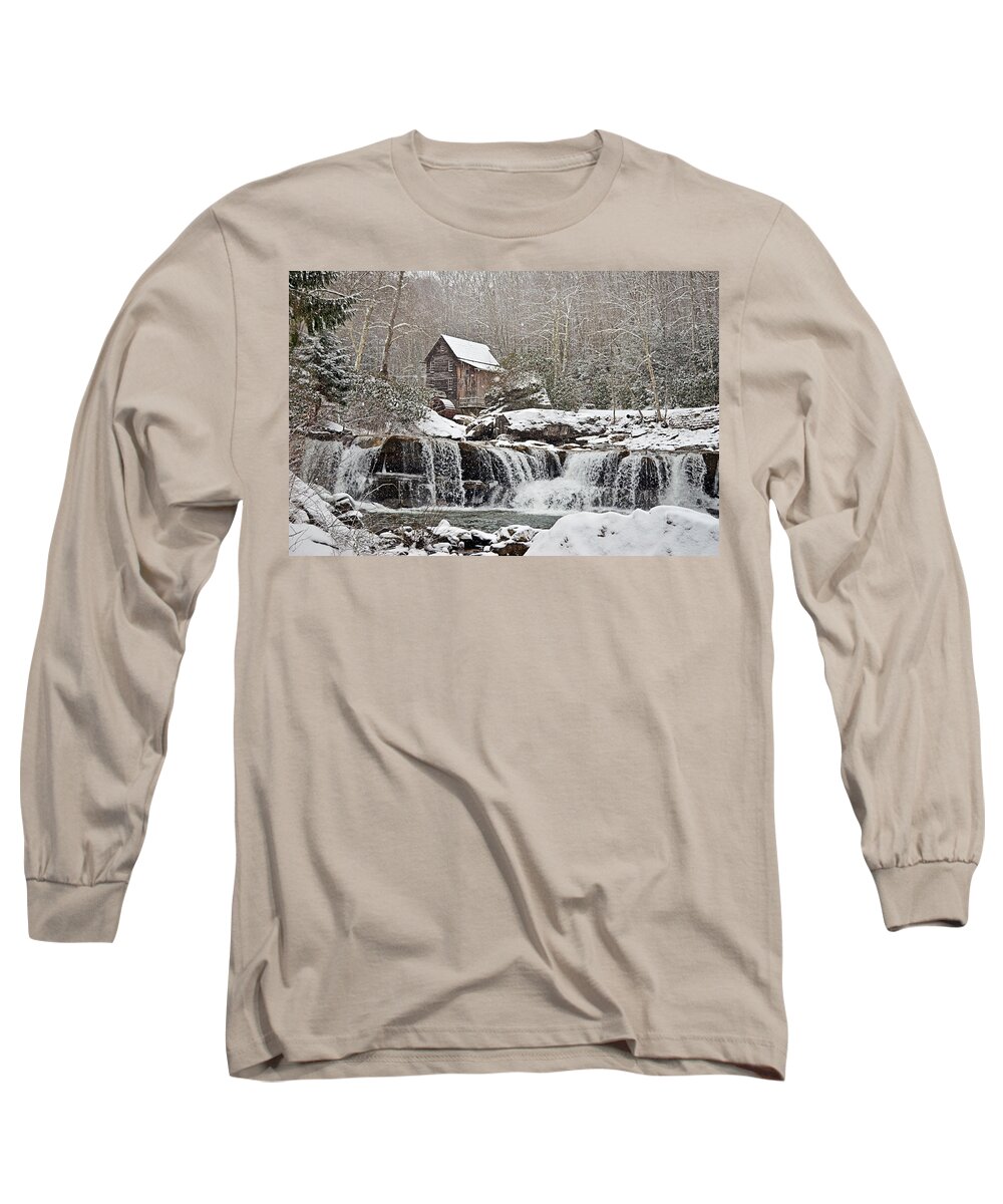 Watermill Long Sleeve T-Shirt featuring the photograph Winter Wonderland Wooden Watermill by Lisa Lambert-Shank