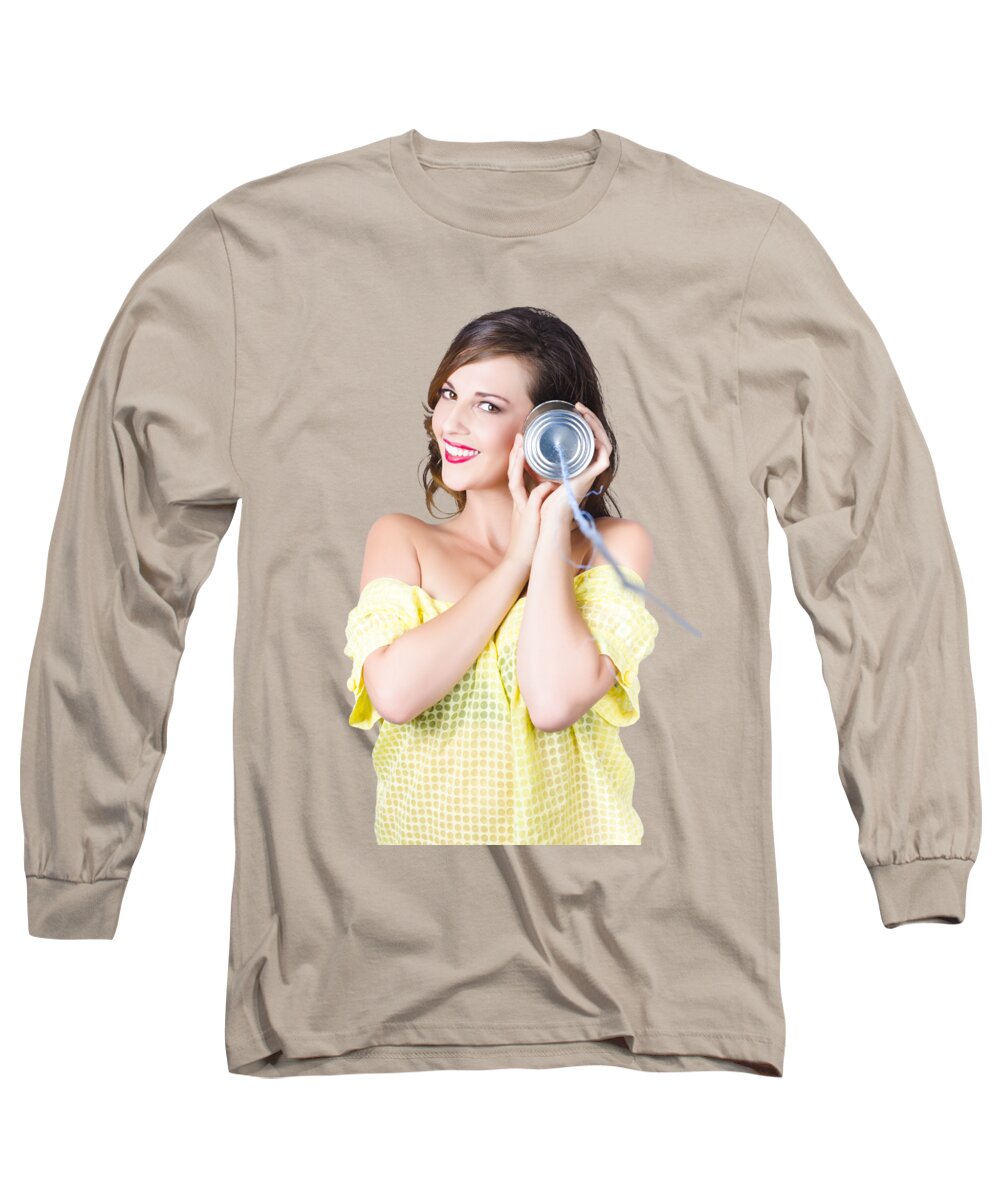 Telephone Long Sleeve T-Shirt featuring the photograph Woman listening with tin can phone to ear by Jorgo Photography