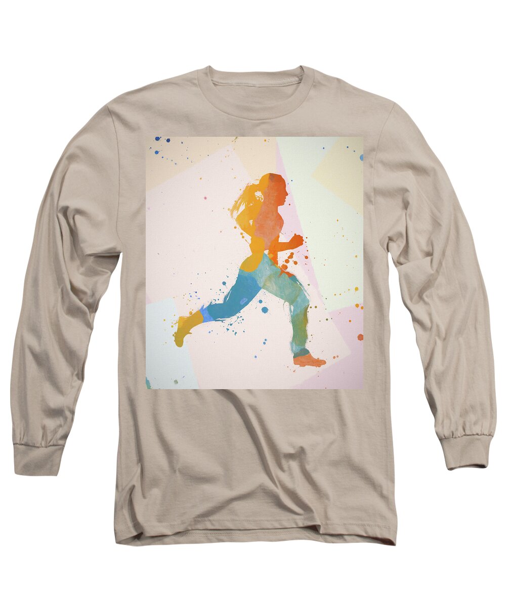 Woman Running Color Splash Long Sleeve T-Shirt featuring the painting Woman Running Color Splash by Dan Sproul