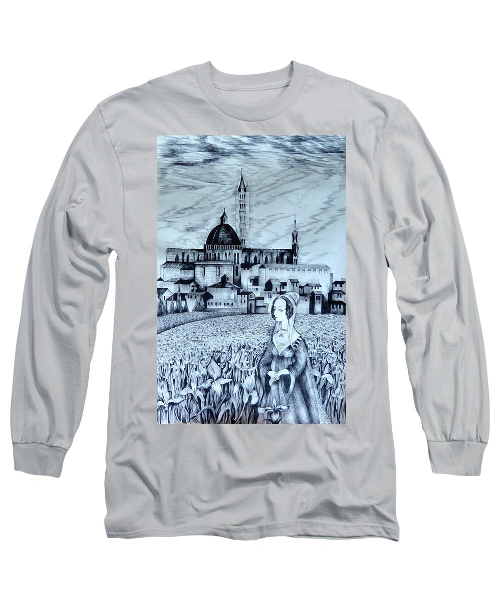 Fantasy Long Sleeve T-Shirt featuring the drawing Italian Fantasies. Siena by Anna Duyunova