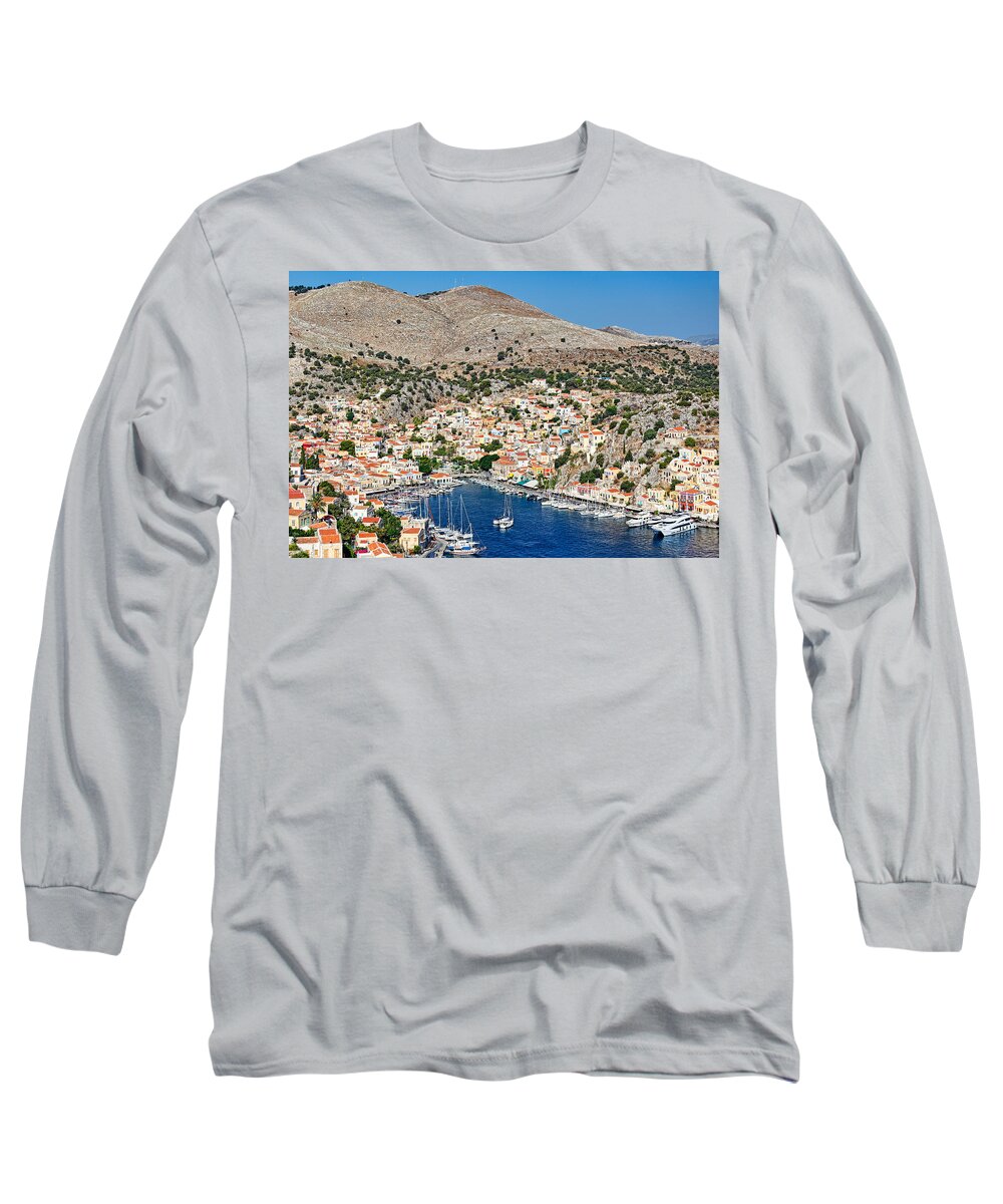 Aegean Long Sleeve T-Shirt featuring the photograph The port of Symi - Greece #1 by Constantinos Iliopoulos