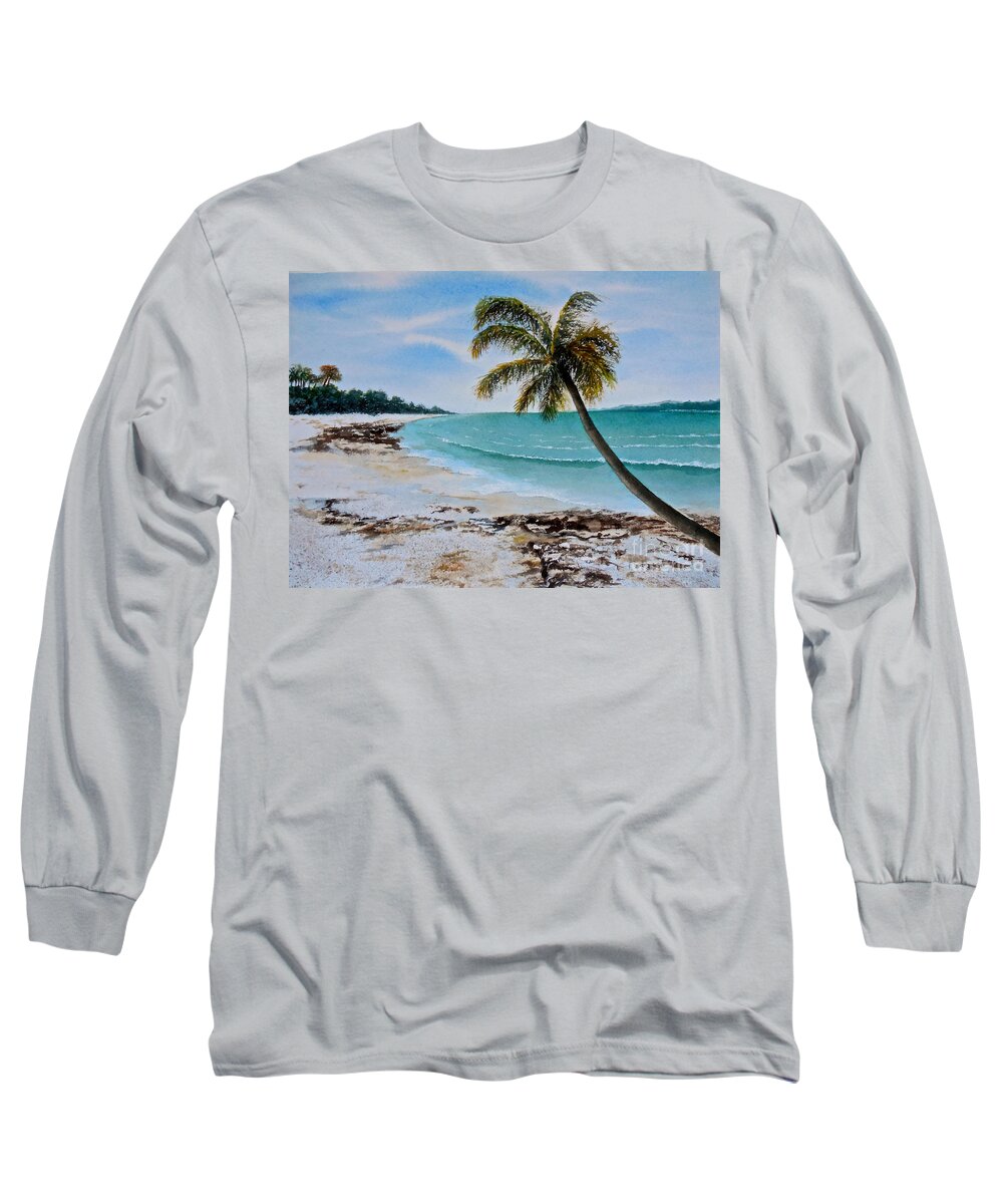 Water Colour Seascape Painting On Paper Of A Beach In Zanzibar Long Sleeve T-Shirt featuring the painting West of Zanzibar by Sher Nasser