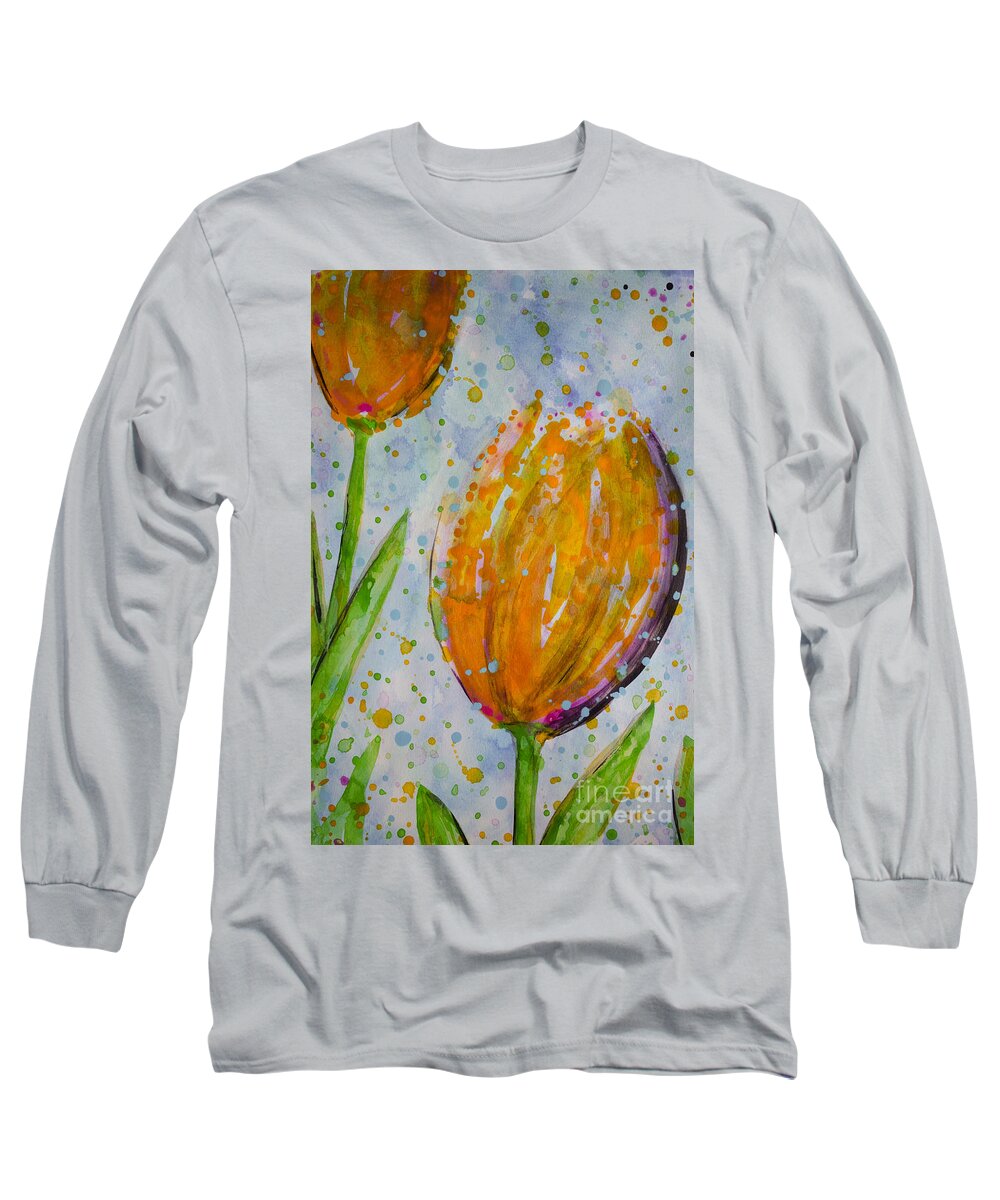 Dewy Tulip Flower Long Sleeve T-Shirt featuring the painting Spring Tulips #1 by Jacqueline Athmann