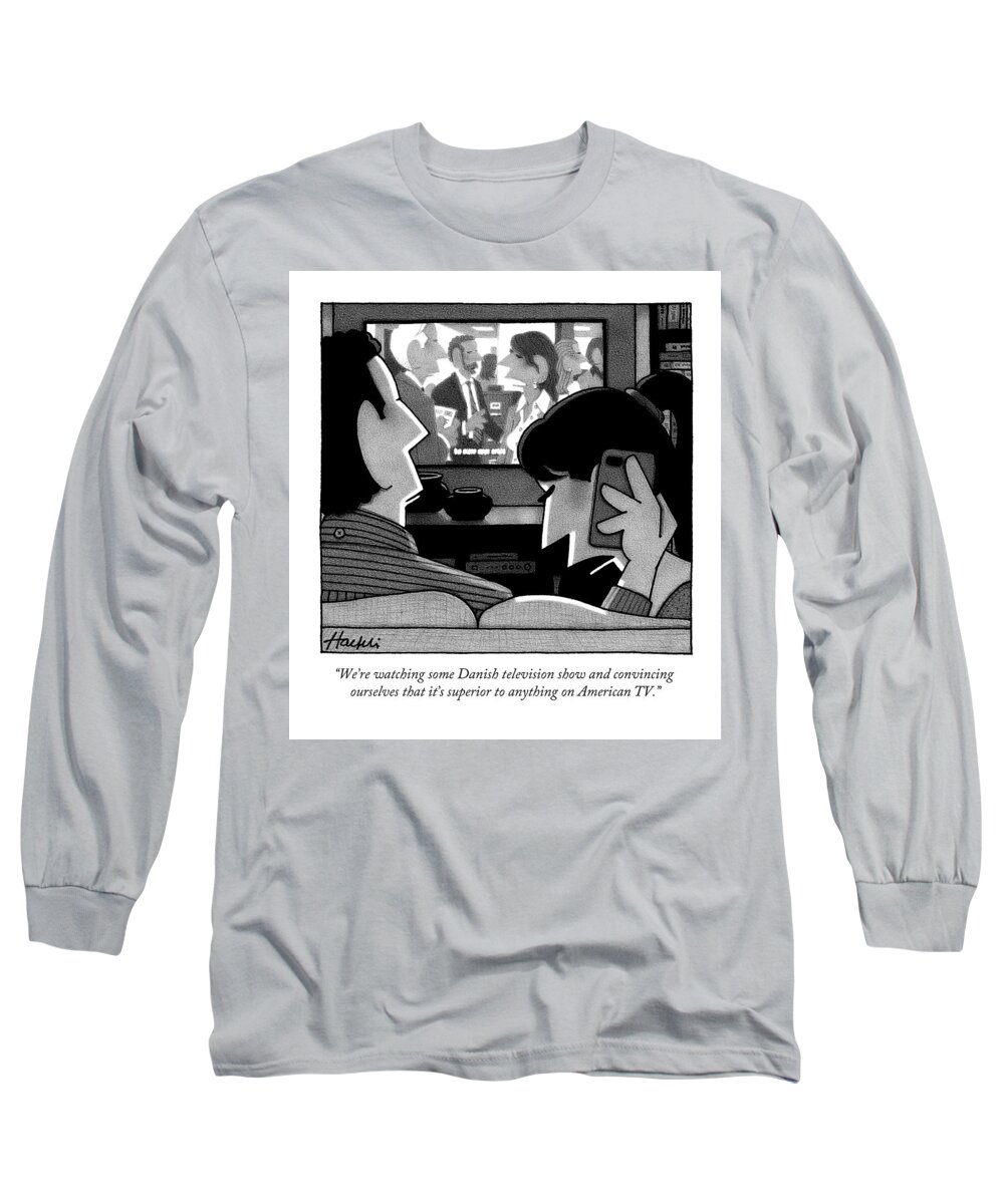 Pretentious Long Sleeve T-Shirt featuring the drawing A Woman Speaks On The Phone by William Haefeli