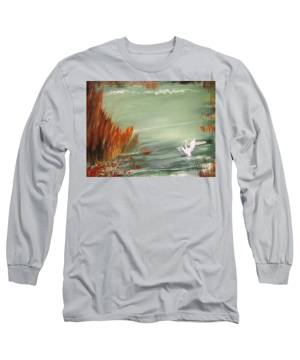 Egret Long Sleeve T-Shirt featuring the painting Achieving Stillness2 by Laurianna Taylor