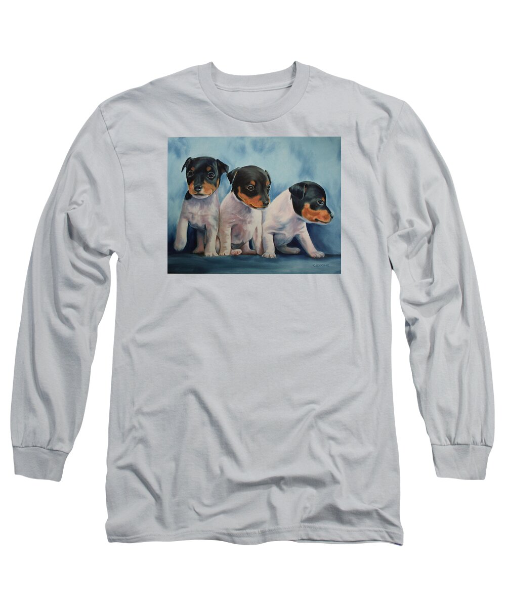 Dogs Long Sleeve T-Shirt featuring the painting Adorable in Triplicate by Jill Ciccone Pike