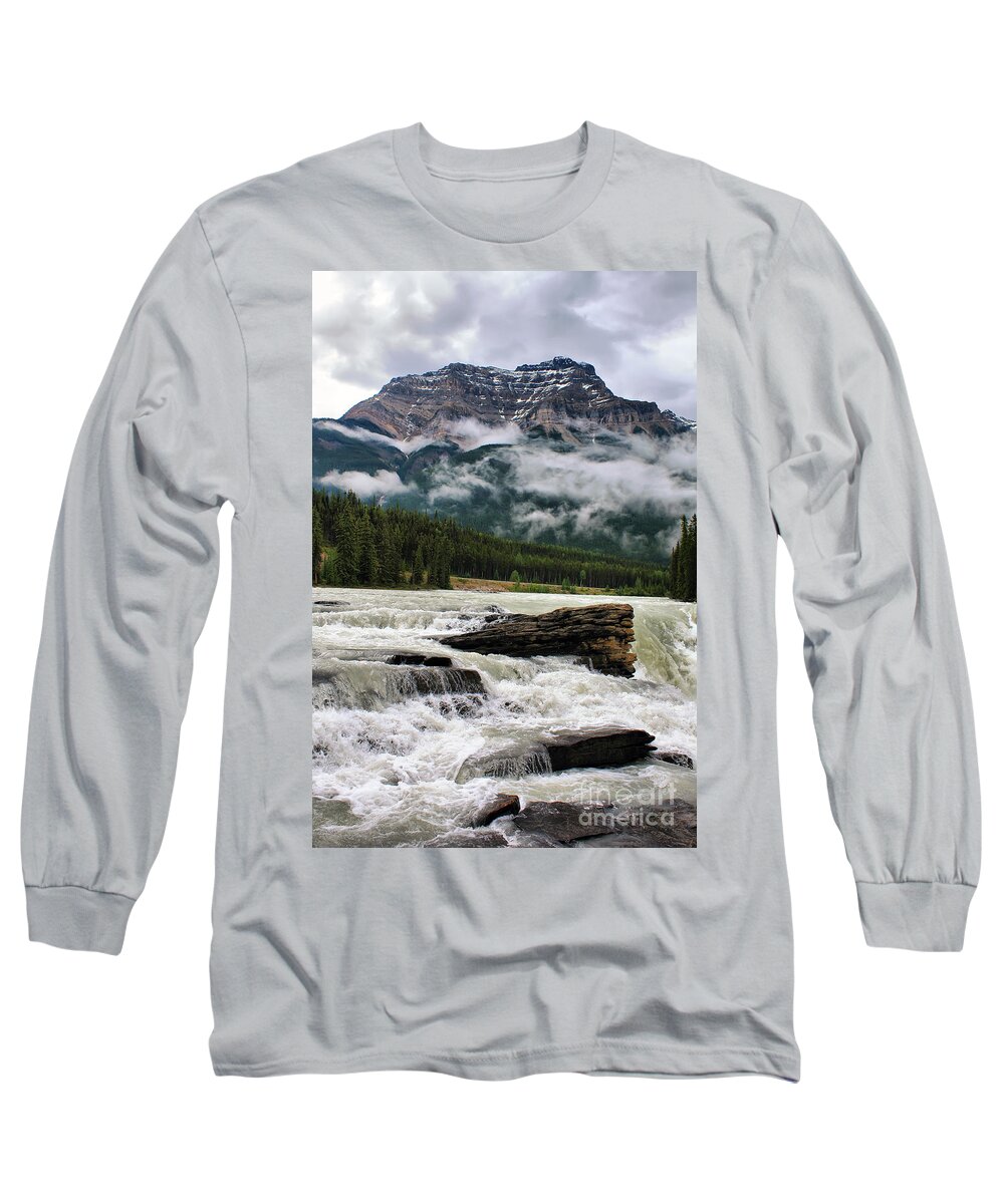 Falls Long Sleeve T-Shirt featuring the photograph Athabasca Falls and Kerkeslin Mountain by Teresa Zieba