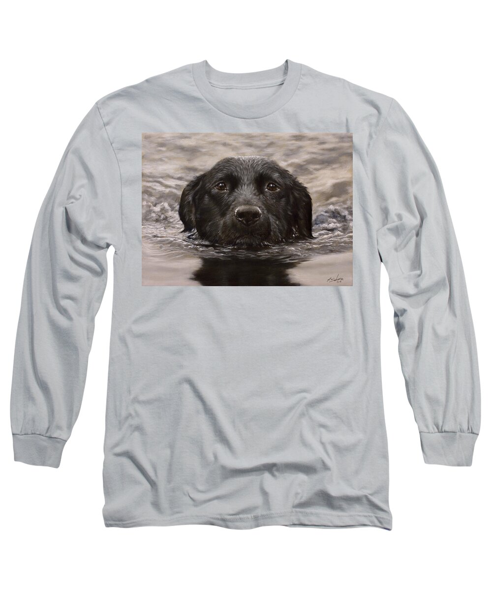 Labrador Long Sleeve T-Shirt featuring the painting Black Labrador Portrait II by John Silver