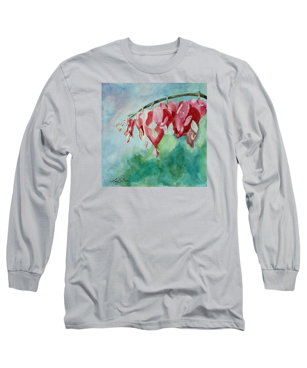 Watercolor Long Sleeve T-Shirt featuring the painting Bleeding Hearts by Mary Benke