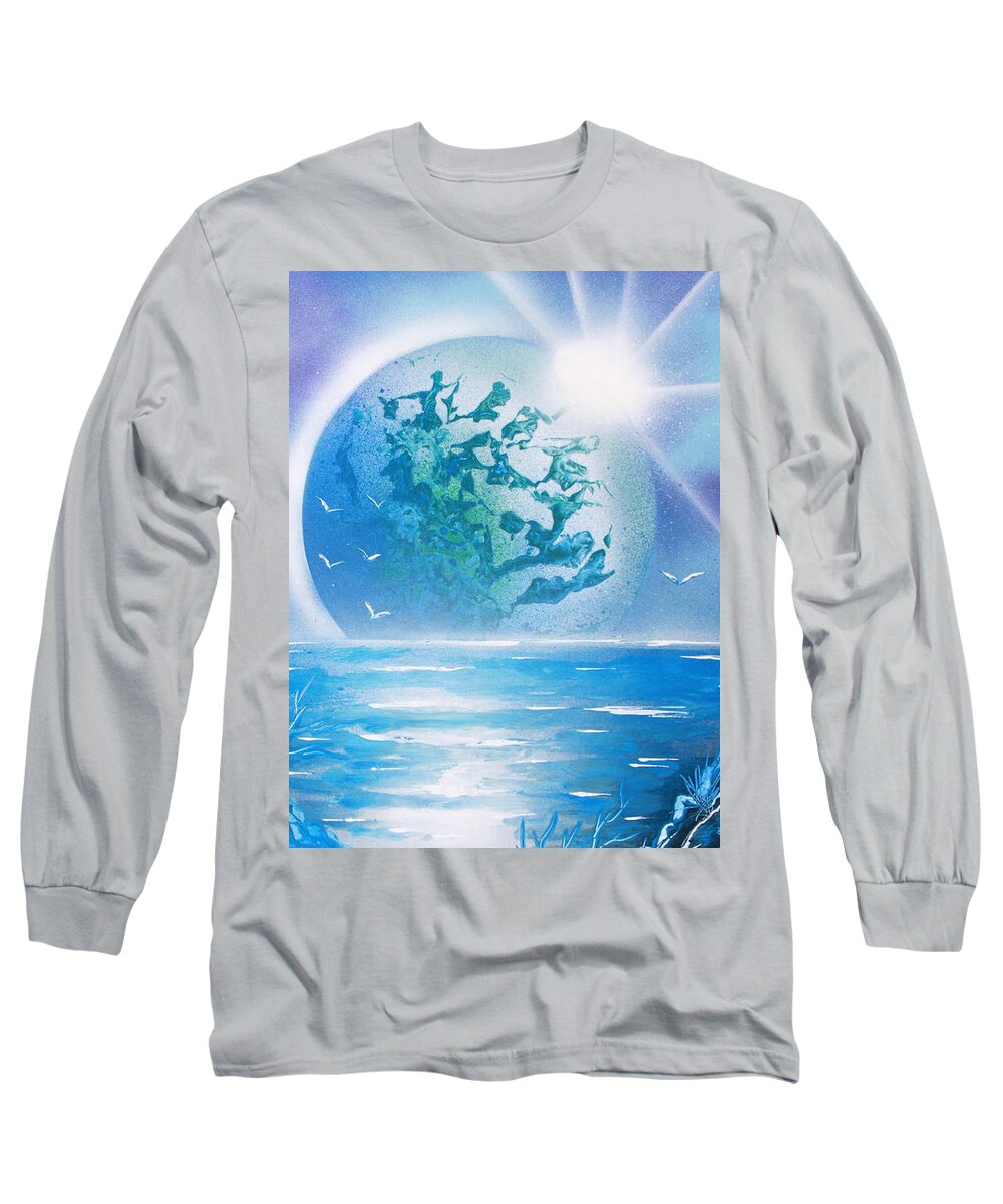 Space Art Long Sleeve T-Shirt featuring the painting Blue Moon by Greg Moores
