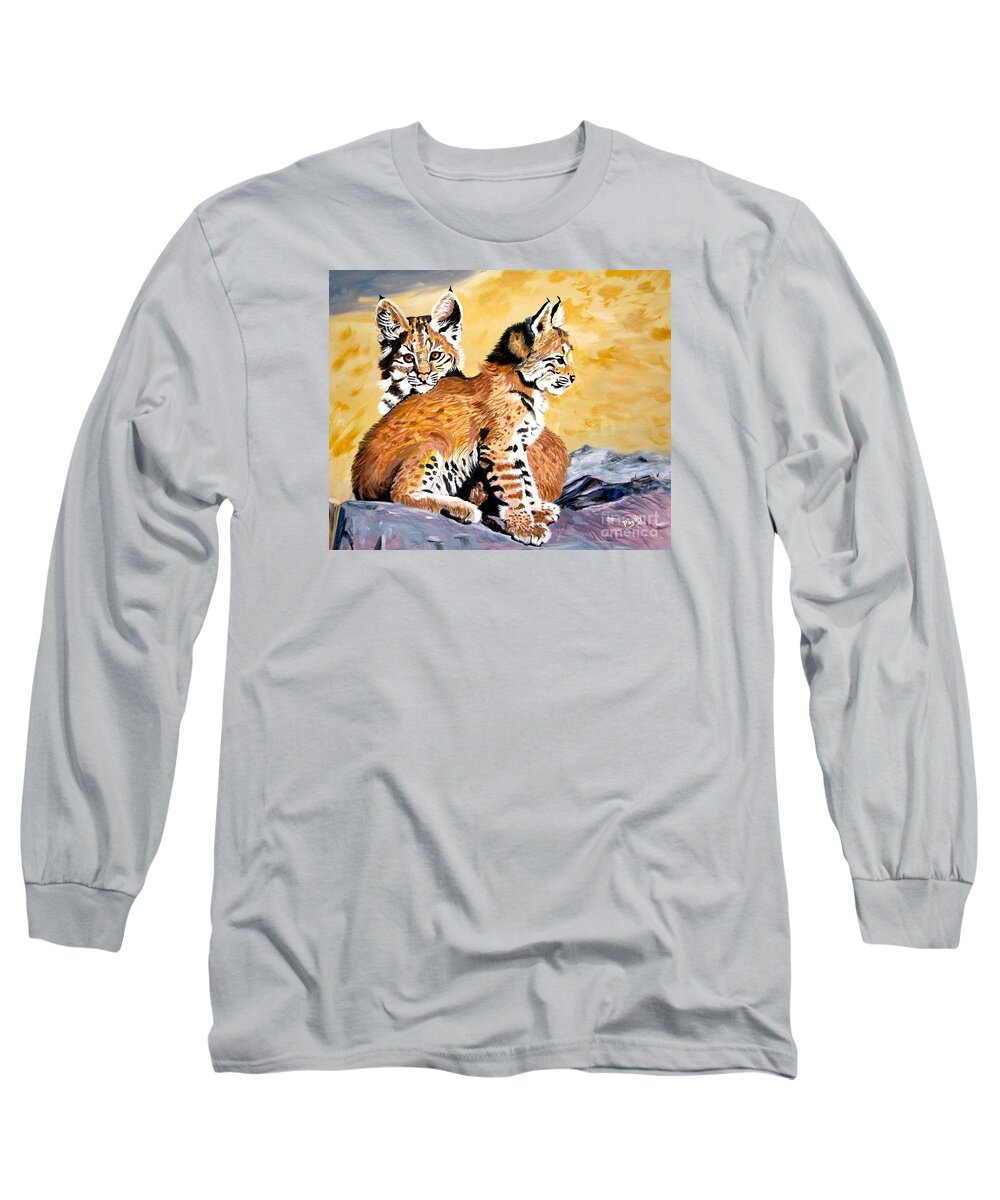 Bobcat Kittens Long Sleeve T-Shirt featuring the painting Bob Kittens by Phyllis Kaltenbach