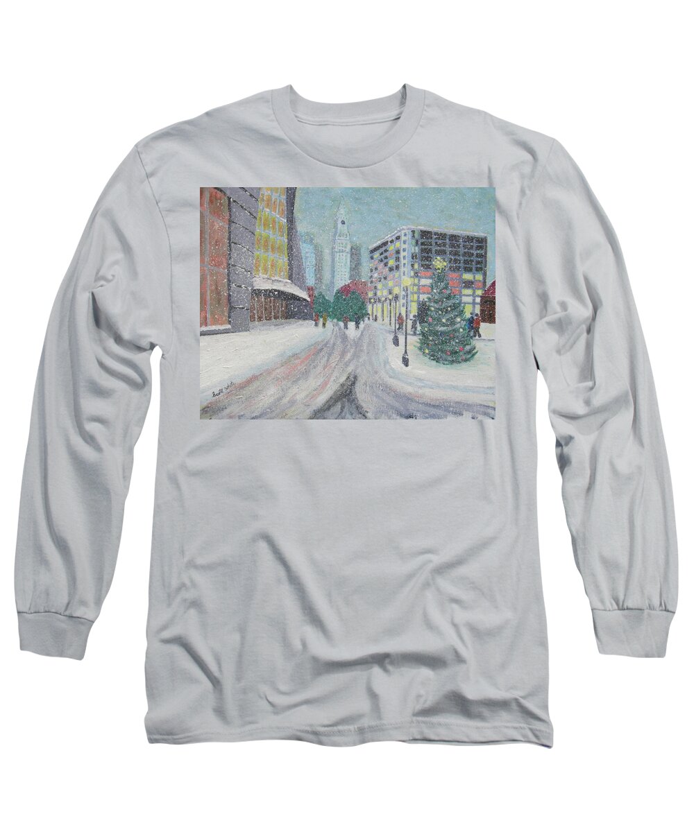 City Boston Snow Chirstmas Long Sleeve T-Shirt featuring the painting Boston First Snow by Scott W White