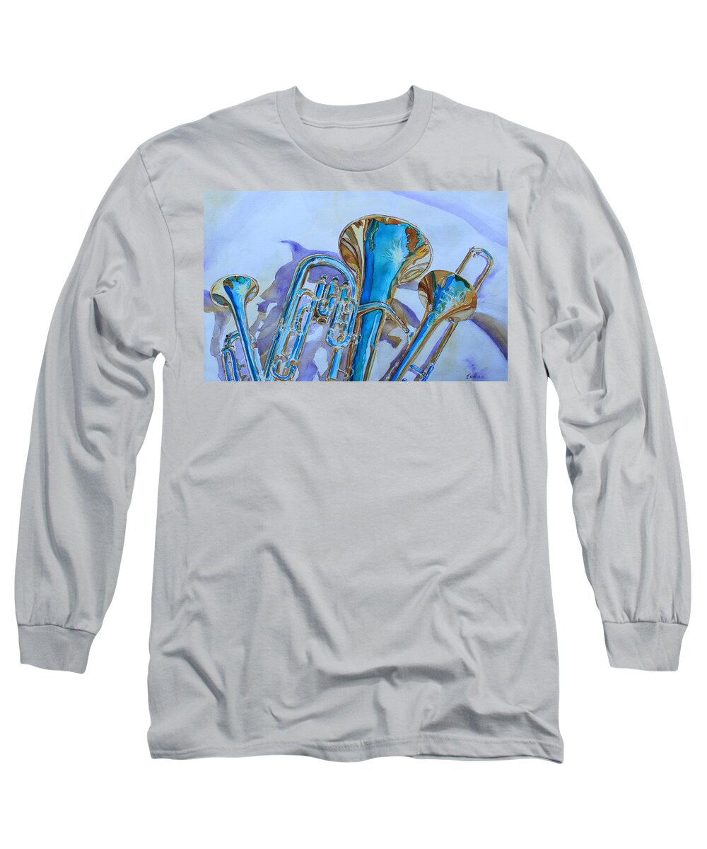 Trombone Long Sleeve T-Shirt featuring the painting Brass Candy Trio by Jenny Armitage