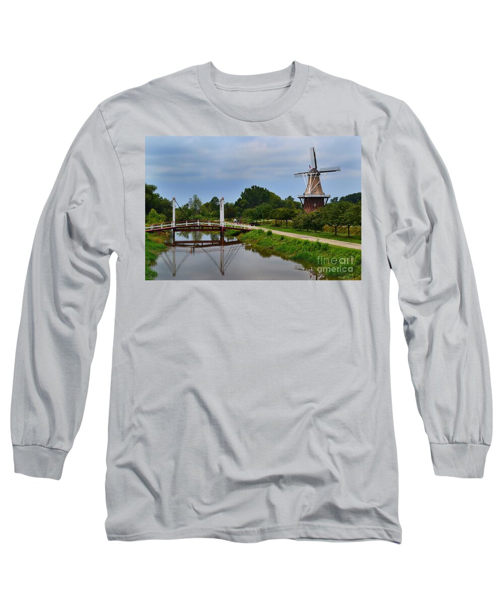 Holland Bridge Long Sleeve T-Shirt featuring the photograph Bridge to Holland Windmill by Amy Lucid