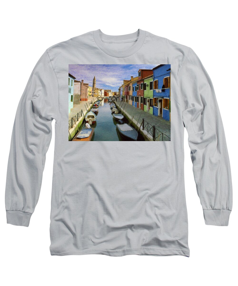Landscape Long Sleeve T-Shirt featuring the painting Canal Burano Venice Italy by Dean Wittle