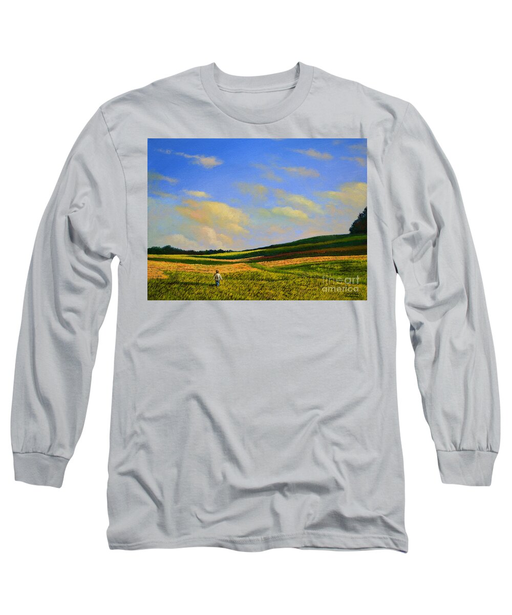 Farm Long Sleeve T-Shirt featuring the painting Crossing the field by Christopher Shellhammer