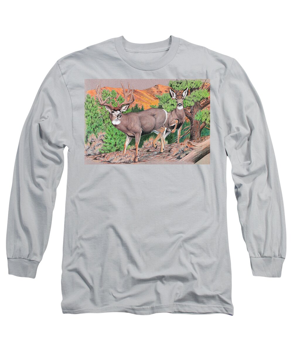 Mule Deer Long Sleeve T-Shirt featuring the painting Early Morning Retreat by Darcy Tate