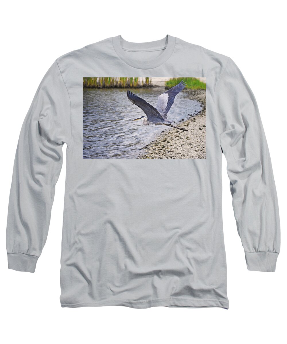 Heron Long Sleeve T-Shirt featuring the photograph Flight of the Heron by DigiArt Diaries by Vicky B Fuller