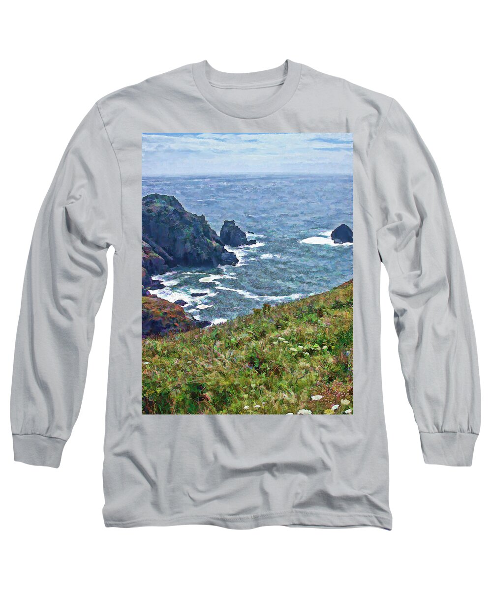 Guernsey Long Sleeve T-Shirt featuring the painting Flowers on Isle of Guernsey Cliffs by Bellesouth Studio