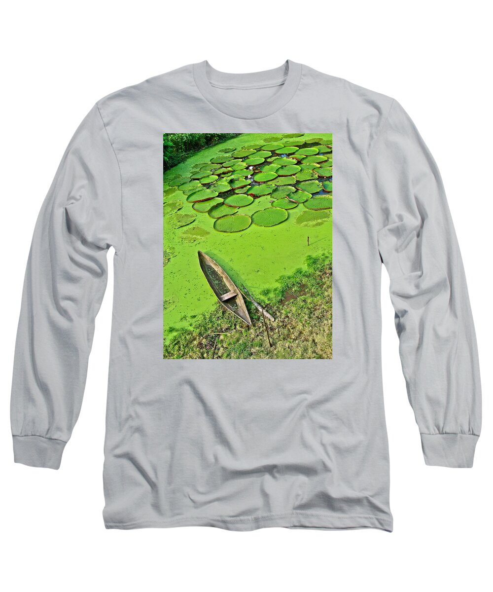 Giant Water Lilies And A Dugout Canoe In Amazon Jungle Of Peru Long Sleeve T-Shirt featuring the photograph Giant Water Lilies and a Dugout Canoe in Amazon Jungle-Peru by Ruth Hager